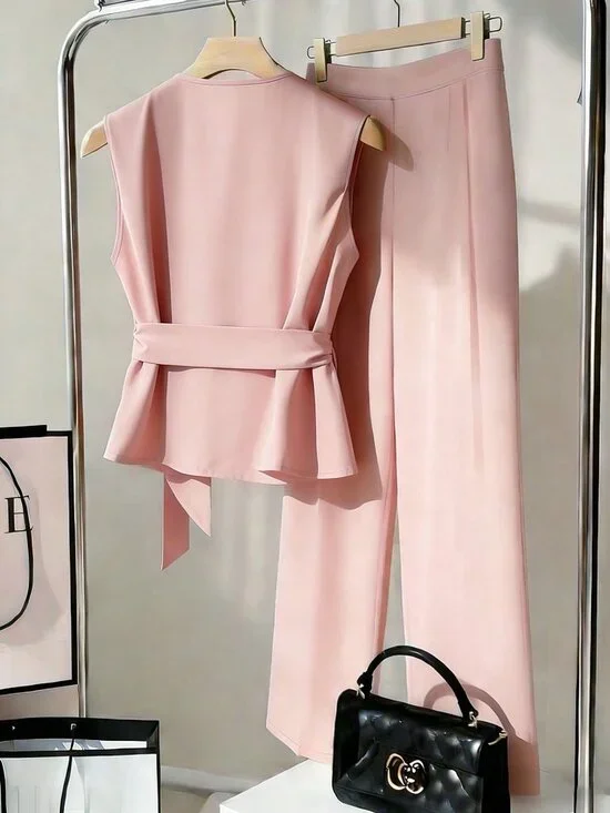 Pink Elegant Women's Two-Piece Set with Shawl Neck Camisole and Wide Leg Pants - Picture 2 of 5